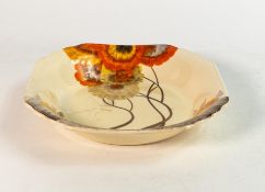 Clarice Cliff shallow bowl in 'Rhodanthe' pattern, hand painted in brown and orange shades depicting