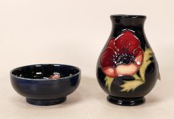 Moorcroft small Hibiscus bowl together with Anemone vase, both on blue . Height of vase 10cm,