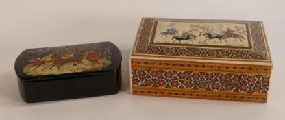 Russian large papier mache snuff box 10cm wide, together with Indian hand decorated cigar /