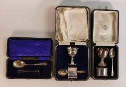 3 assorted hallmarked silver christening sets, cased, some initials and dents noted on some on