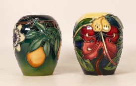 Moorcroft Passionfruit vase together with Hibiscus vase ( silver lined seconds). Height 9.5cm,