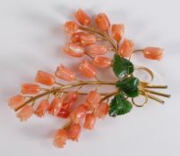 Quality Gilt metal costume brooch with carved coral flower heads and jade leaves.