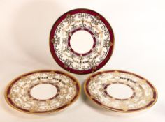 Three De Lamerie Fine Bone China heavily gilded Chatsworth Garden pattern cabinet plates , specially
