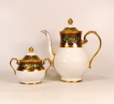 De Lamerie Fine Bone China heavily gilded Green & Burgundy Coffee Pot & Sugar Bowl, specially made