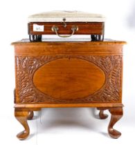 Carved Early 20th Century Sewing Box & Heated Tapestry Topped Heated Foot Stool