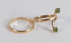9ct gold ring set with two green stones, ring size L, and 9ct wedding ring, 2.4g. (2)