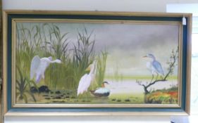 Large oil on canvas depicting wading birds, duck etc. Measures 48cm x 99cm excluding frame,