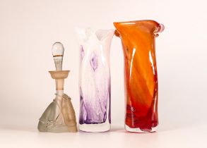 Two European Art Glass vases together with a scent bottle. All have etched signatures. Height of