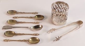 A collection of hallmarked Silver items including set apostle spoons, tongues etc, 132.9g.