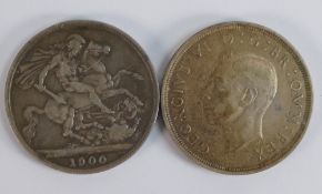 Victorian full Crown silver coin 1900, together with 1937 crown (50% silver).