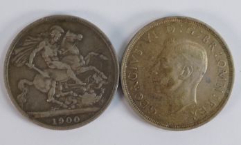 Victorian full Crown silver coin 1900, together with 1937 crown (50% silver).