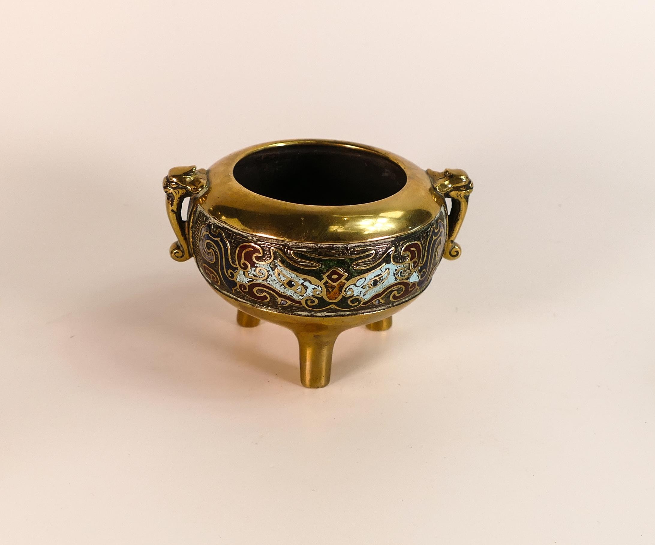 Polished bronze footed Incense pot with Satsuma decoration & elephant head handles, height 7.5cm - Image 3 of 4