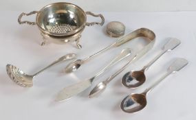 A collection of hallmarked silver items including cutlery, tea strainer, salt pot etc, 131.8g.