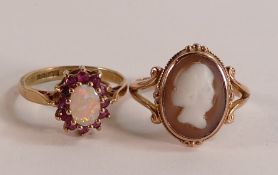 Two 9ct gold hallmarked rings - Opal & ruby size M, plus cameo set ring size Q, combined gross