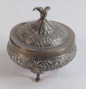 Indian white coloured metal ornate pot & cover with bird finial, 158g.
