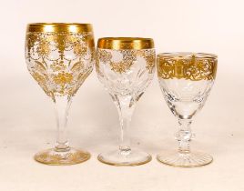 Three De Lamerie Fine Bone China heavily gilded Non Matching Cut Glass Crystal Wine Glasses,