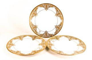 Three De Lamerie Fine Bone China heavily gilded Exotic Scroll patterned cabinet plates , specially