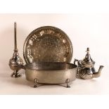 A mixed collection of metalware to include Don Pewter Handled Bowl, silver plated platter, arabic