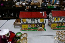 1970's Plywood Dolls House complete with furniture & dolls, height of house 39cm