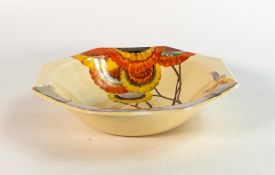 Clarice Cliff, octagonal bowl in the 'Rhodanthe' pattern, hand painted in brown and orange shades