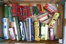 A collection of Vintage Model Toy buses including Corgi Trams , Coaches & Double Decker Buses,