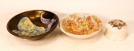 A group of Lise B Moorcroft items to include experimental Cat Covered Pot, Cover signed to base, 5cm