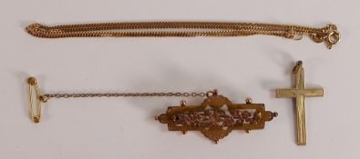 9ct hallmarked gold brooch (steel pin) in good used condition, 9ct gold neckchain 44.5cm, & 9ct gold