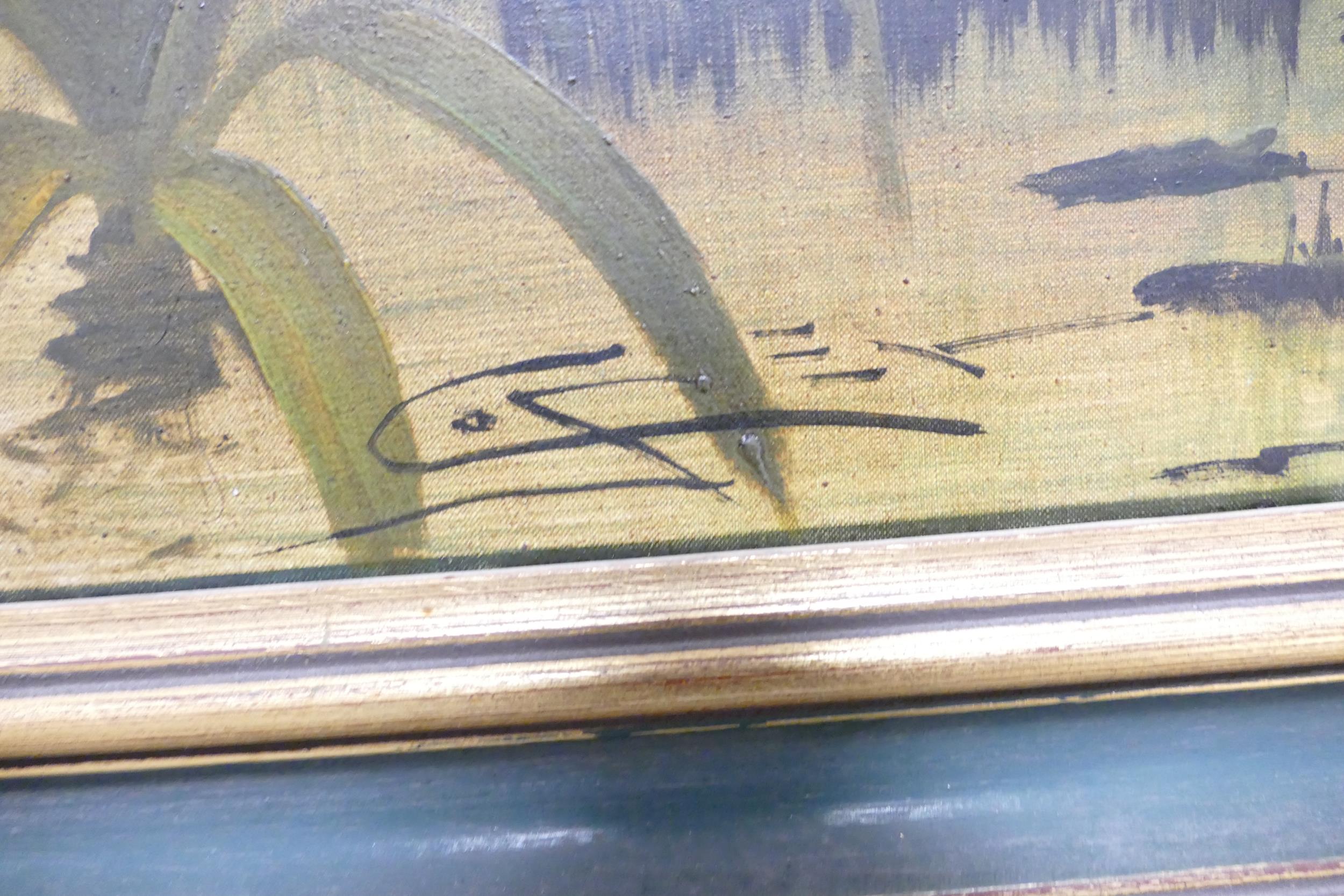 Large oil on canvas depicting wading birds, duck etc. Measures 48cm x 99cm excluding frame, - Image 2 of 2