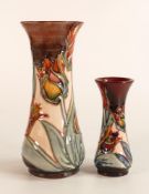 Moorcroft Red Tulips vase together with a matching smaller one. Height of tallest 20cm. Both boxed