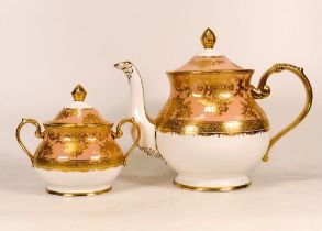 De Lamerie Fine Bone China heavily gilded Peach Exotic Garden Pattern Teapot & Sugar Bowl, specially