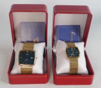 Astron gold plated ladies & gentleman's quartz wristwatches, both boxed with warranty cards. (2)