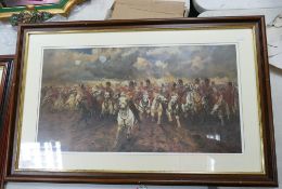 Large Military Framed Waterloo Print Forever Scotland, frame size 55cm x 92.5cm