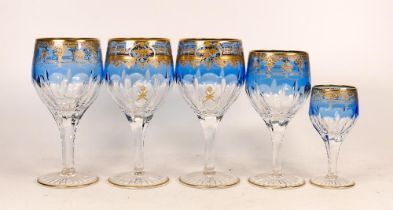 Five De Lamerie Fine Bone China heavily gilded Non Matching Cut Blue Glass Crystal Wine Glasses &
