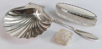 Silver butter dish & knife, together with silver topped jar (worn) and small modern filigree box.