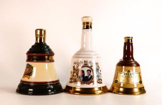 3 Wade Decanters, Bells specially Selected (Missing lid), Royal Wedding & Christmas 1991. 2 Sealed.