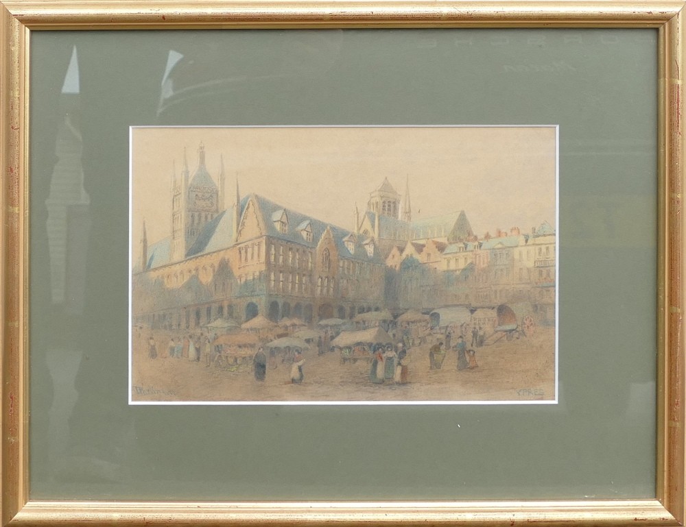 E Parkman (1856-1921) watercolour Ypres, frame size 38cm x 48cm