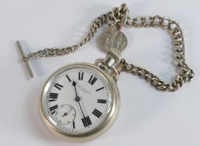 Large keyless nickel pocket watch W Ehrhardt London, with watch chain.