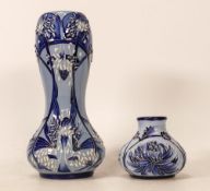 Moorcroft blue on blue Soldiers grass vase together with Chrysanthemum small squat vase . Height