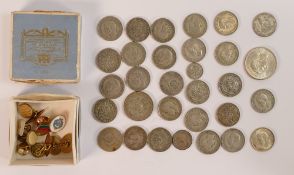 Pre 1947 silver coins 181g, together with box of cufflinks and studs including 9ct gold stud 0.9g.