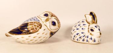 Royal Crown Derby paperweights to include Imari owl and Rabbit. Both gold stoppers (2)