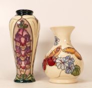 Moorcroft Butterflies vase together with Foxglove vase. Height of tallest 21cm. Butterflies vase