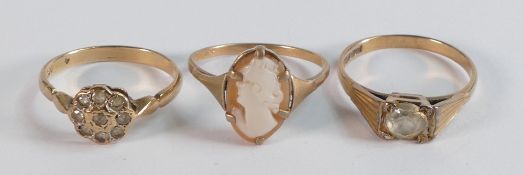 Three 9ct gold rings each set with various stones, 5.8g. (3)