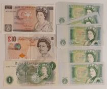 11 x UK Banknotes - 2 x £10 notes plus 9 x £1 notes, some consecutive pairs