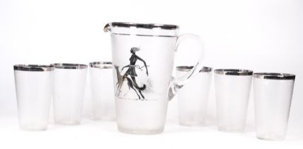 Early-Mid 20th Century Glass Lemonade Set with Silver Rim and Highlights to include one Jug and
