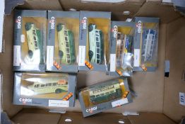 A collection of Boxed Corgi Classics Model Buses including AEC 599/7, 599/4 599/2, Bedford Type OB