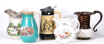 A Collection of Five English Jugs to include one John Gilpin example, Staffordshire Pink Lustre