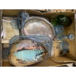 A mixed collection of items to include blue depression glass dressing table items, large natural