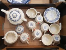 Williams Sonoma blue harvest pattern tea set to include Teapot, milk jug, lidded sugar, 8 cups and