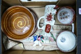 A mixed collection of items to include studio pottery bowl, oriental bowls, silk tapestry,