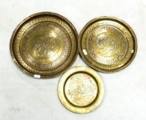 Three Vintage Heavy Brass Indian Plates , two with images of Buddha, largest diameter 30cm(3)
